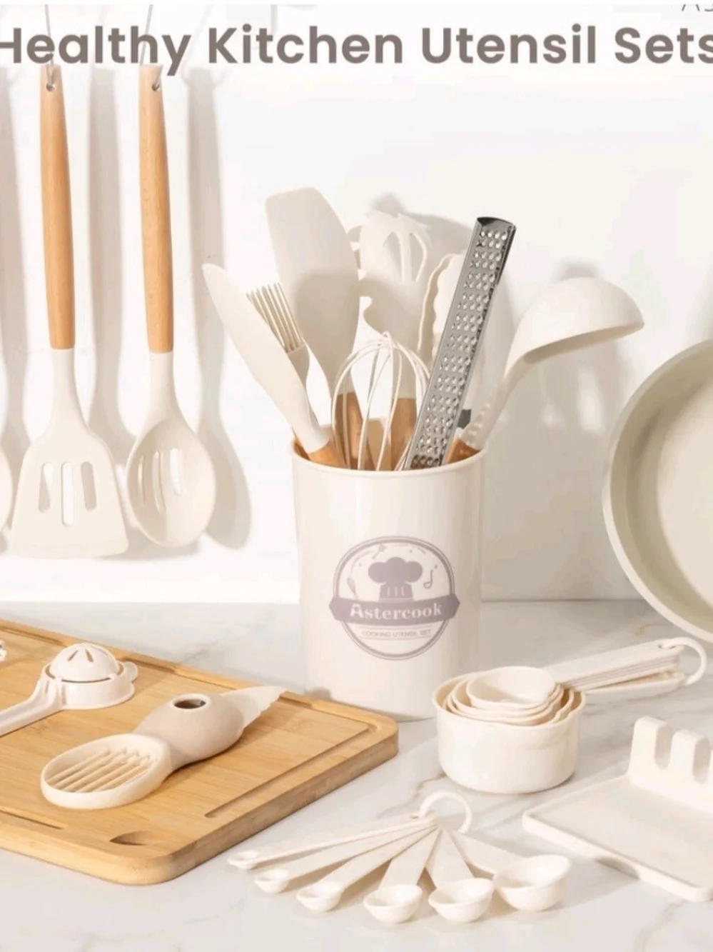 Astercook 38 Cream Kitchen Utensil Set with Wooden Handles